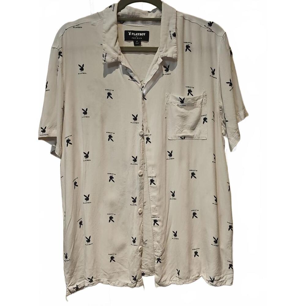 Playboy By Pac Sun Logo White Short Sleeve Rayon AOP Button Up Shirt Size Medium
